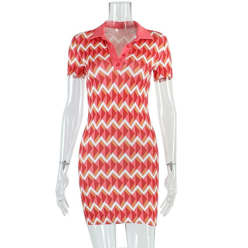 Short sleeve contrast turnover collar button mini dress