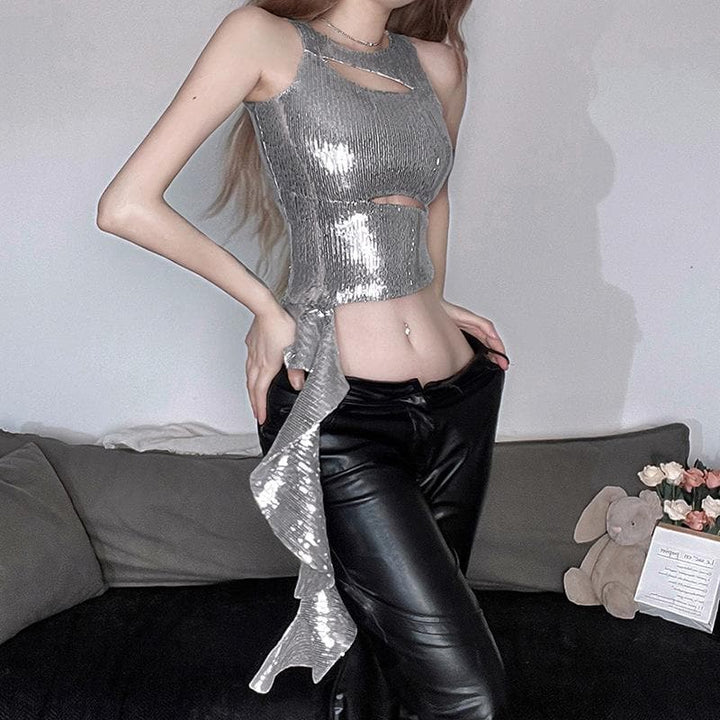 Crewneck glitter hollow out ruffle irregular crop cut out top  | Festival Outfits Women