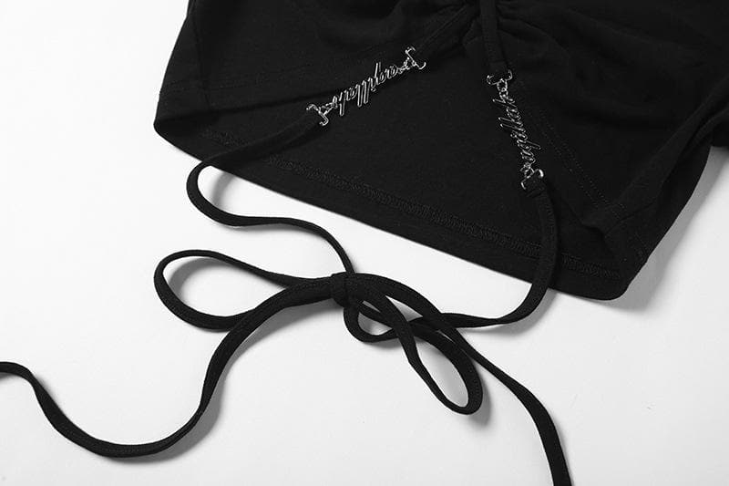 Short sleeve v neck metal letter self tie back crop top