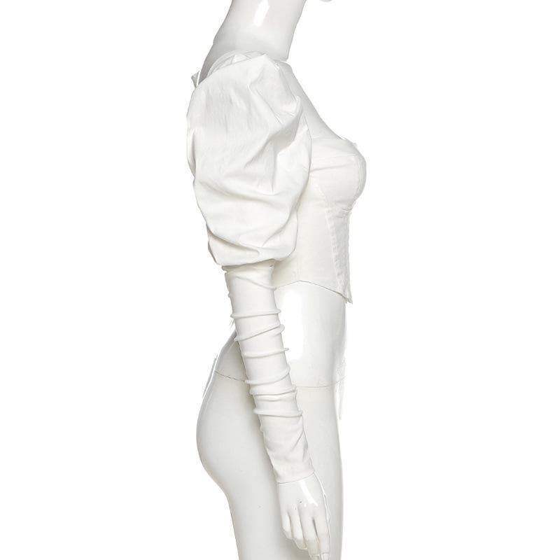 Puff sleeve heart neck corset solid top - Halibuy