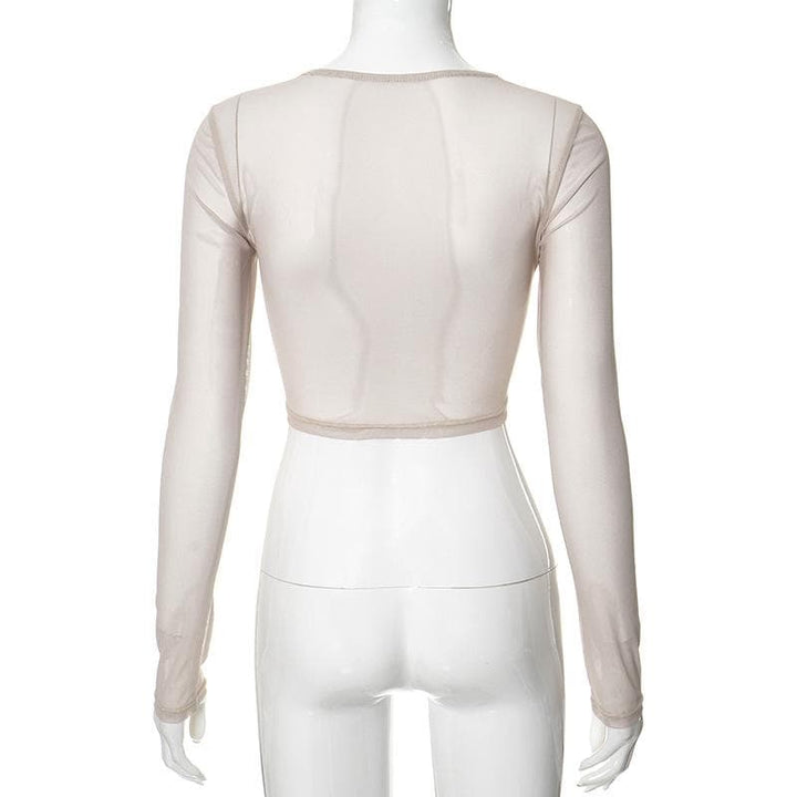 Long sleeve "LOVE" pattern crewneck sheer mesh crop top | Mesh Long Sleeve Crop Top  | Festival Outfits Women