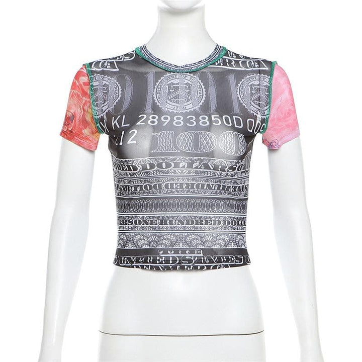 Short sleeve crewneck sheer mesh print top  | Festival Outfits Women