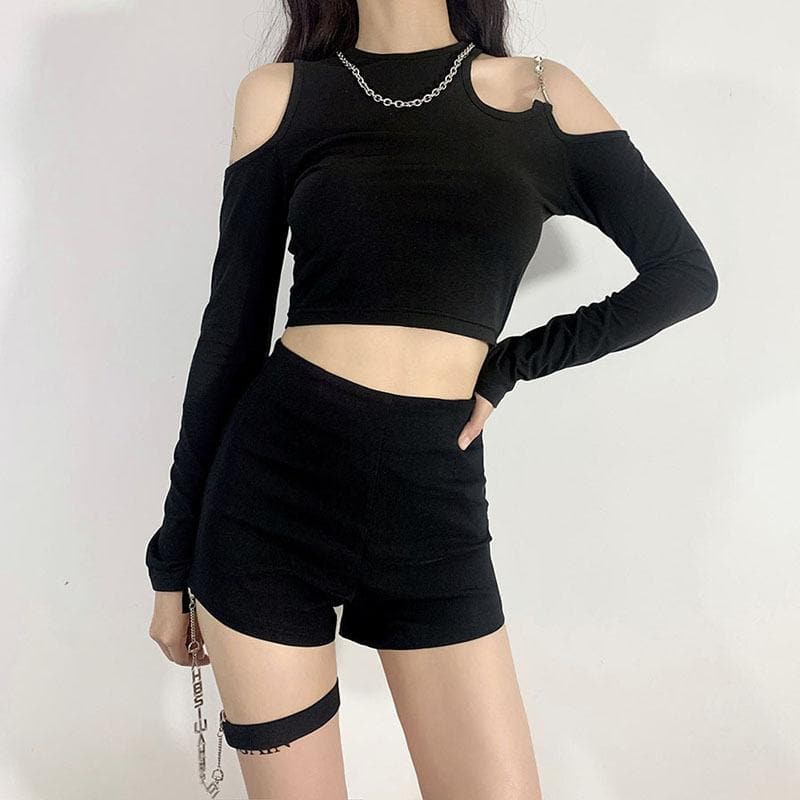 Long sleeve off shoulder metal chain crewneck solid crop top