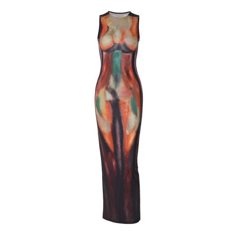 Crewneck body print contrast tank maxi dress  | Festival Outfits Women