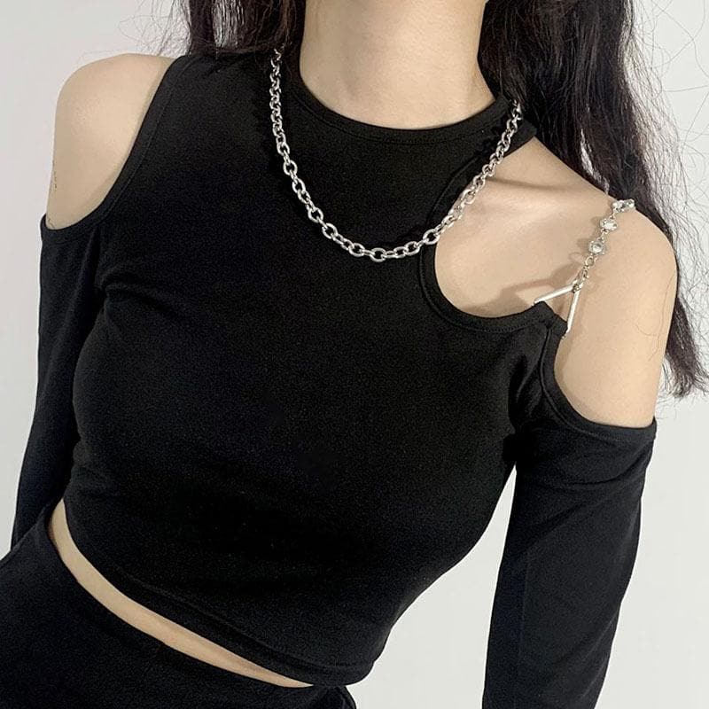 Long sleeve off shoulder metal chain crewneck solid crop top
