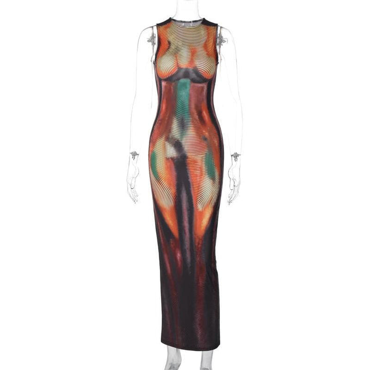 Crewneck body print contrast tank maxi dress  | Festival Outfits Women