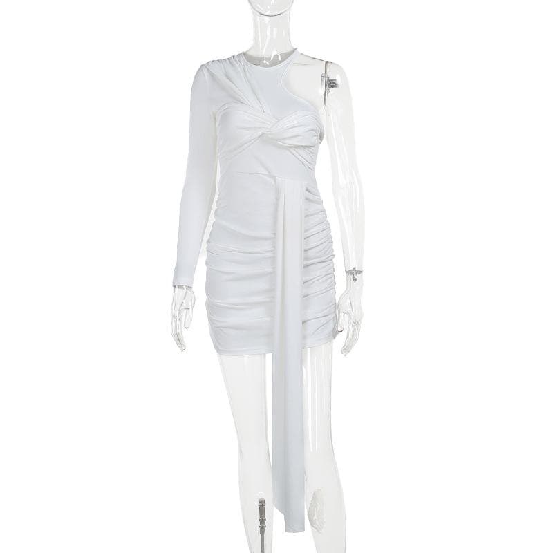 Knotted solid one shoulder ruched irregular mini dress  | Festival Outfits Women