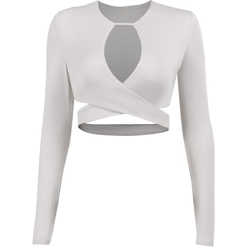Hollow out solid cross front low cut long sleeve crop cut out top - Final Sale