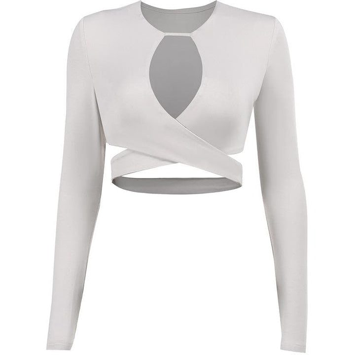 Hollow out solid cross front low cut long sleeve crop cut out top - Final Sale