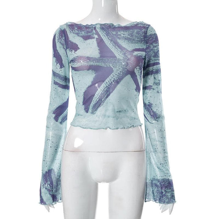 Sheer mesh see through flared sleeve contrast print 2-way top