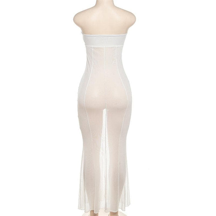 Mesh see through o ring hollow out backless tube cut out maxi dress