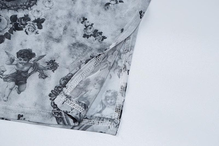 Slit contrast print sheer mesh see through u neck cami midi dress