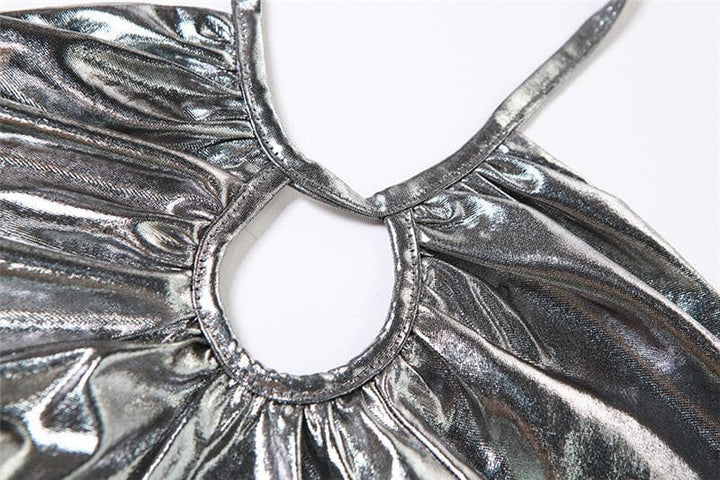 Metallic halter backless hollow out irregular ruched crop cut out top-final-sale