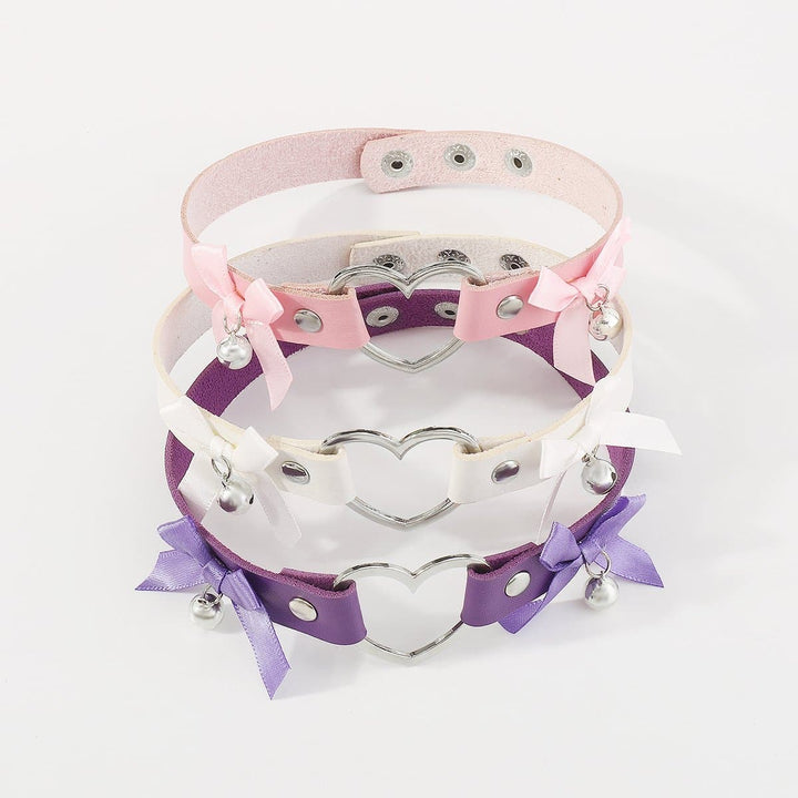 Bowknot bell heart ring button PU choker necklace