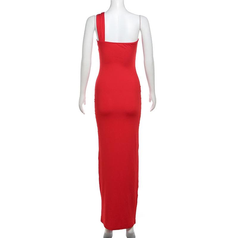 One shoulder ruched hollow out solid cami cut out maxi dress  | Festival Outfits Women