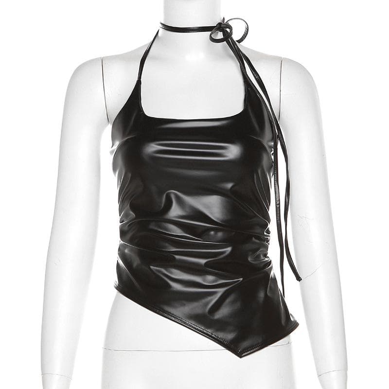 Self tie halter backless irregular PU leather square neck top