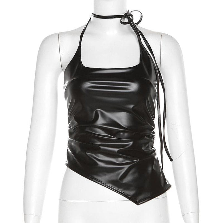 Self tie halter backless irregular PU leather square neck top