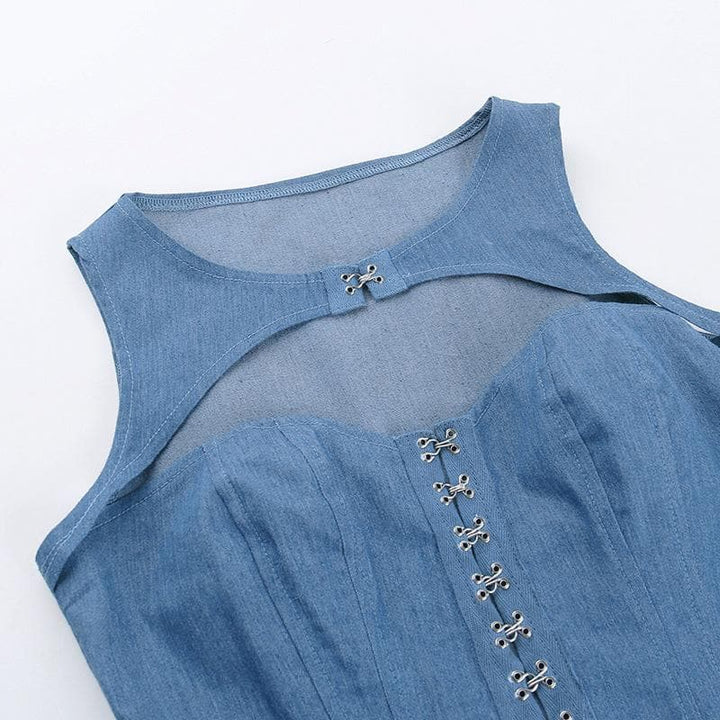 Hollow out button sleeveless corset low cut denim cut out top  | Festival Outfits Women