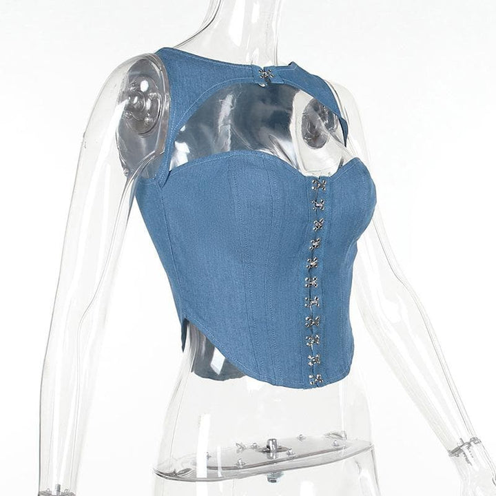 Hollow out button sleeveless corset low cut denim cut out top  | Festival Outfits Women