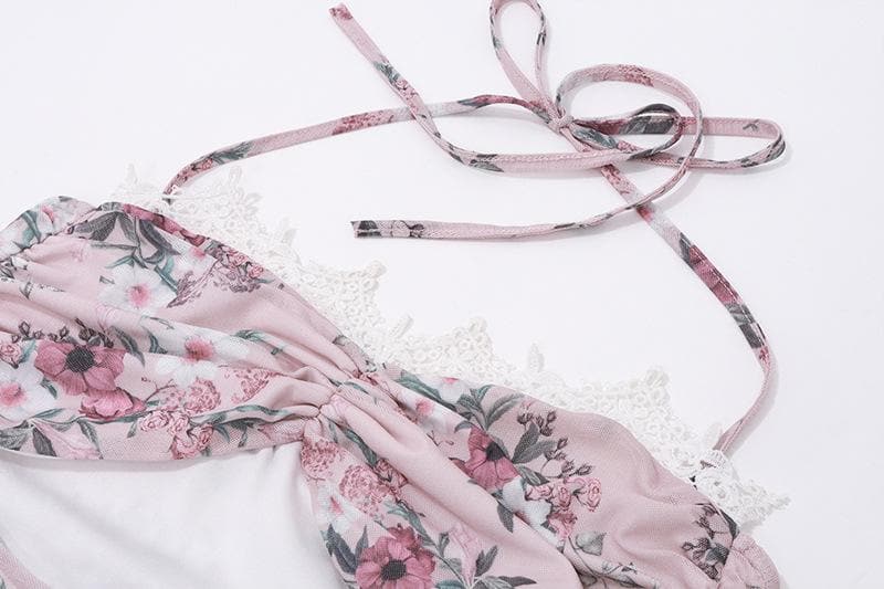 Halter hollow out lace hem flower print gloves cut out mini dress