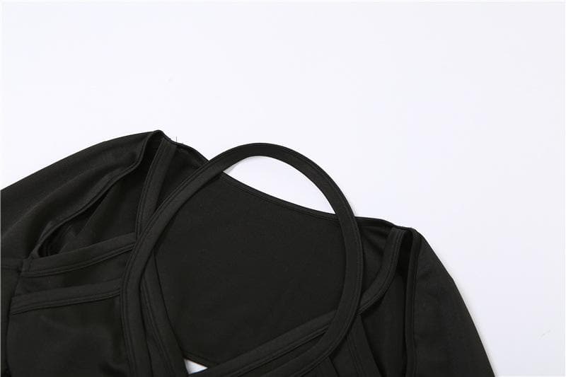 Hollow out halter solid gloves long sleeve crop top - Final Sale