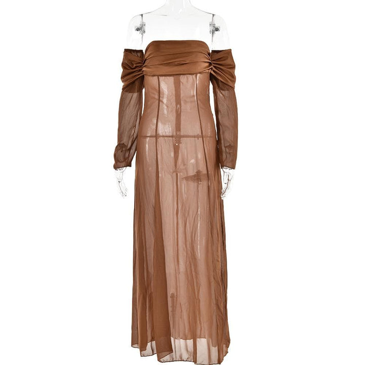 Long sleeve off shoulder ruched see through mesh maxi dress- Final Sale  | Festival Outfits Women