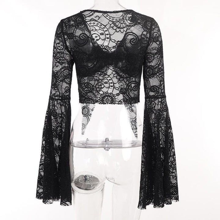 Flared sleeve lace slit v neck solid crop top-final-sale