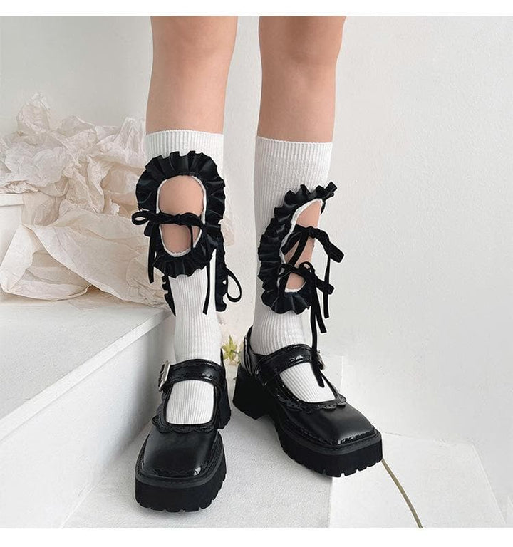 Hollow out bowknot ruffle irregular knee high socks