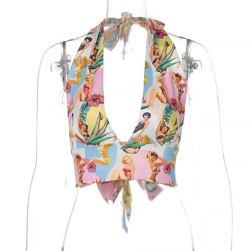 Backless bowknot halter printed top - Halibuy