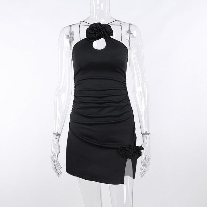 Ruched flower applique hollow out backless slit cut out mini dress