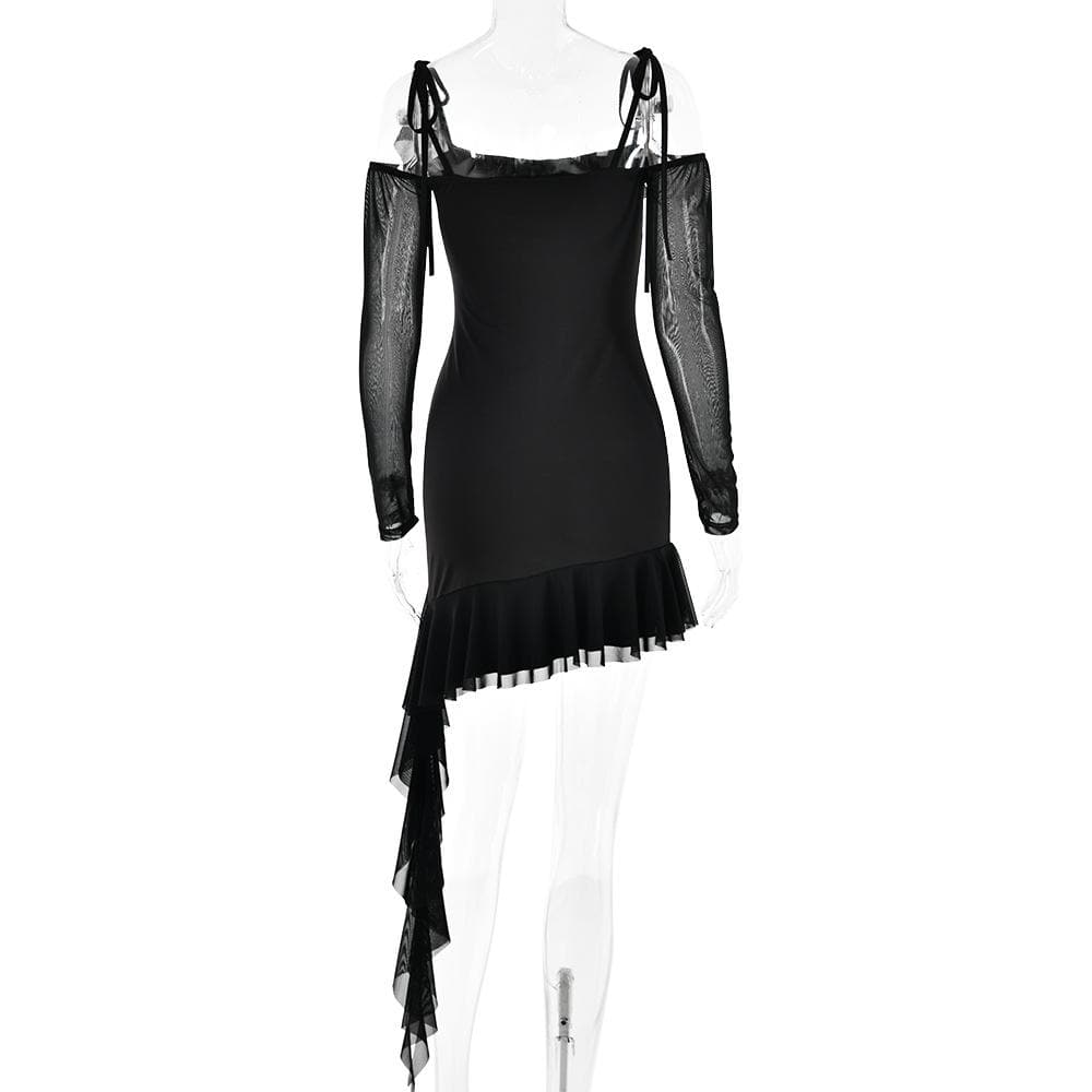 Ruffle self tie irregular off shoulder mesh long sleeve mini dress