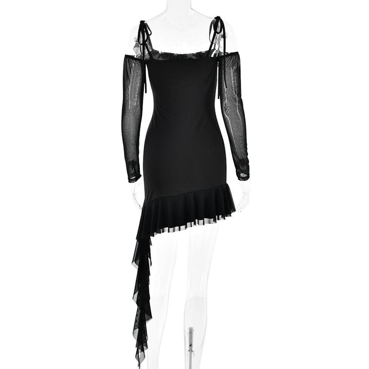Ruffle self tie irregular off shoulder mesh long sleeve mini dress
