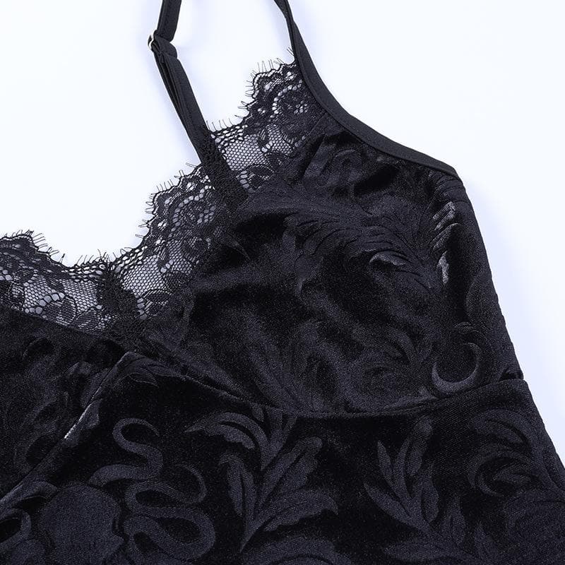 Velvet pattern eyelash lace v neck cami top