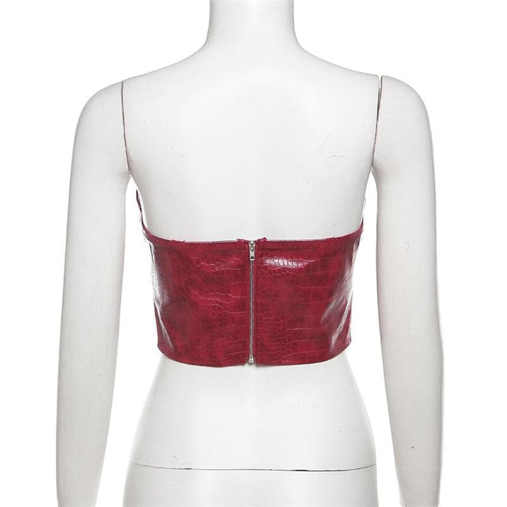PU leather buckle backless zip-up crop tube top  | Festival Outfits Women