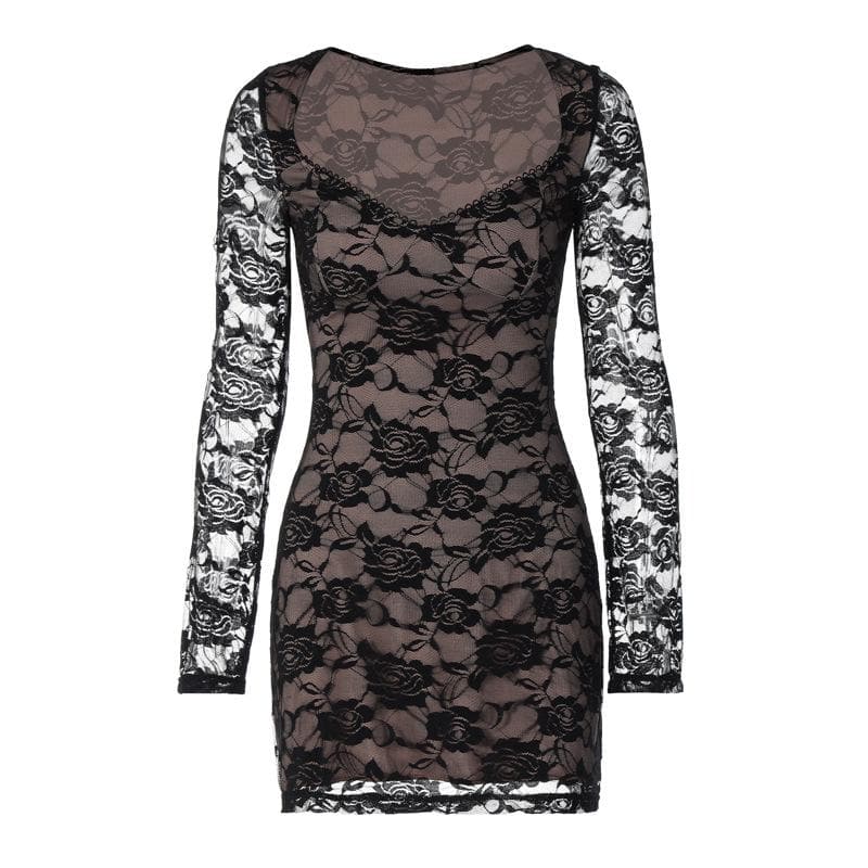 Long sleeve v neck lace contrast patchwork mini dress  | Festival Outfits Women