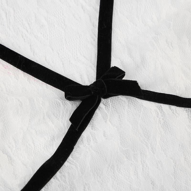 Lace contrast v neck cap sleeve bowknot ruffle crop top  | Festival Outfits Women