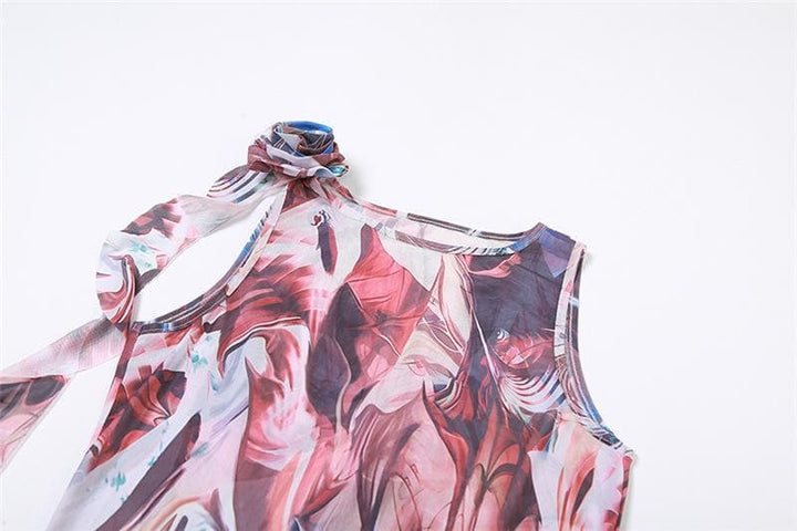 Sheer mesh see through abstract print contrast ruffle sleeveless maxi dress-final-sale