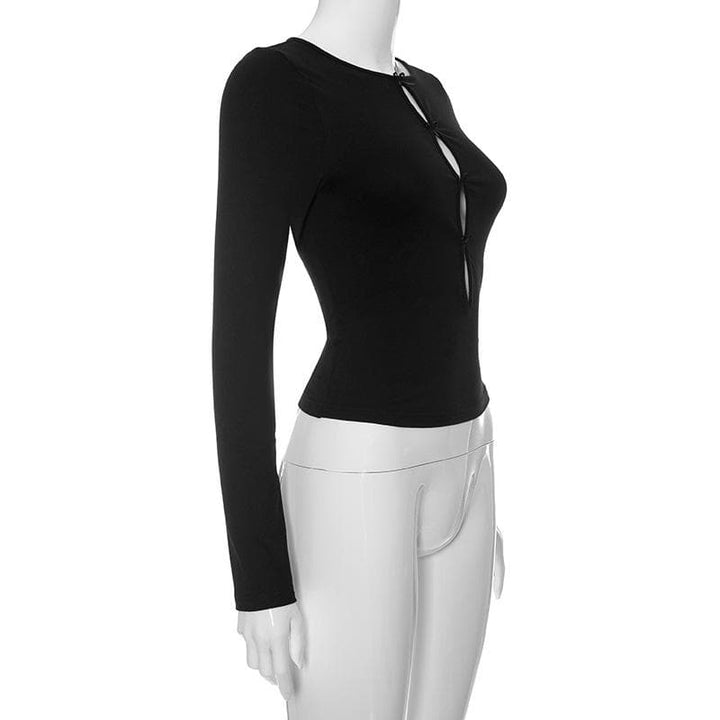 Round neck bowknot hollow out long sleeve solid cut out top