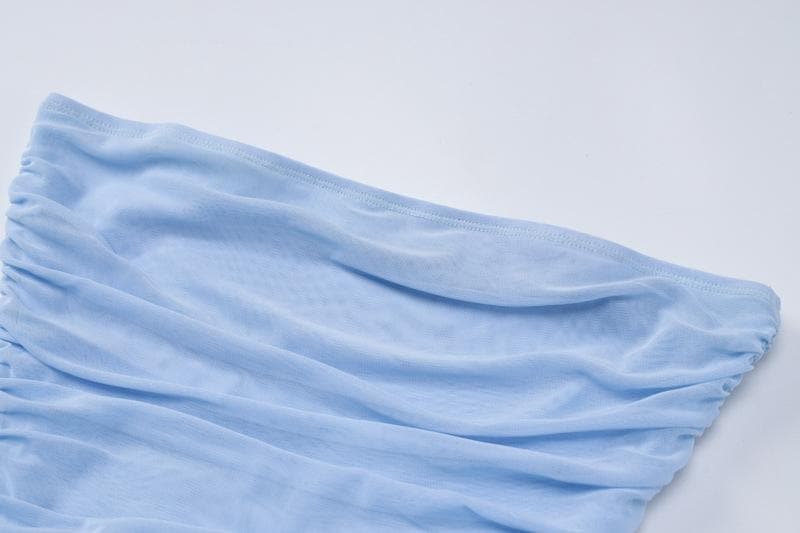 Solid mesh irregular ruffle flower applique ruched tube mini dress-final-sale