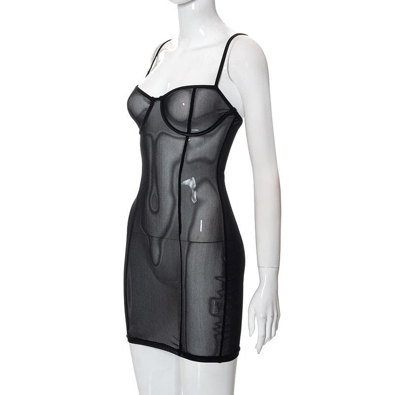 Sheer mesh see through solid low cut cami mini dress-final-sale