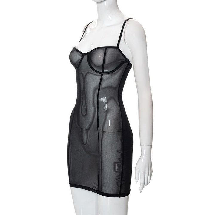 Sheer mesh see through solid low cut cami mini dress-final-sale