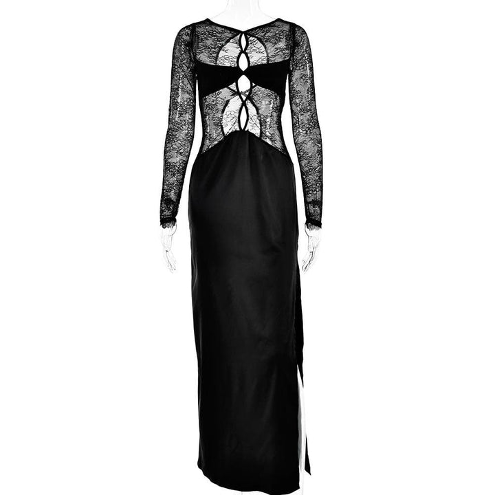 Long sleeve crewneck lace hollow out high slit cut out maxi dress  | Festival Outfits Women