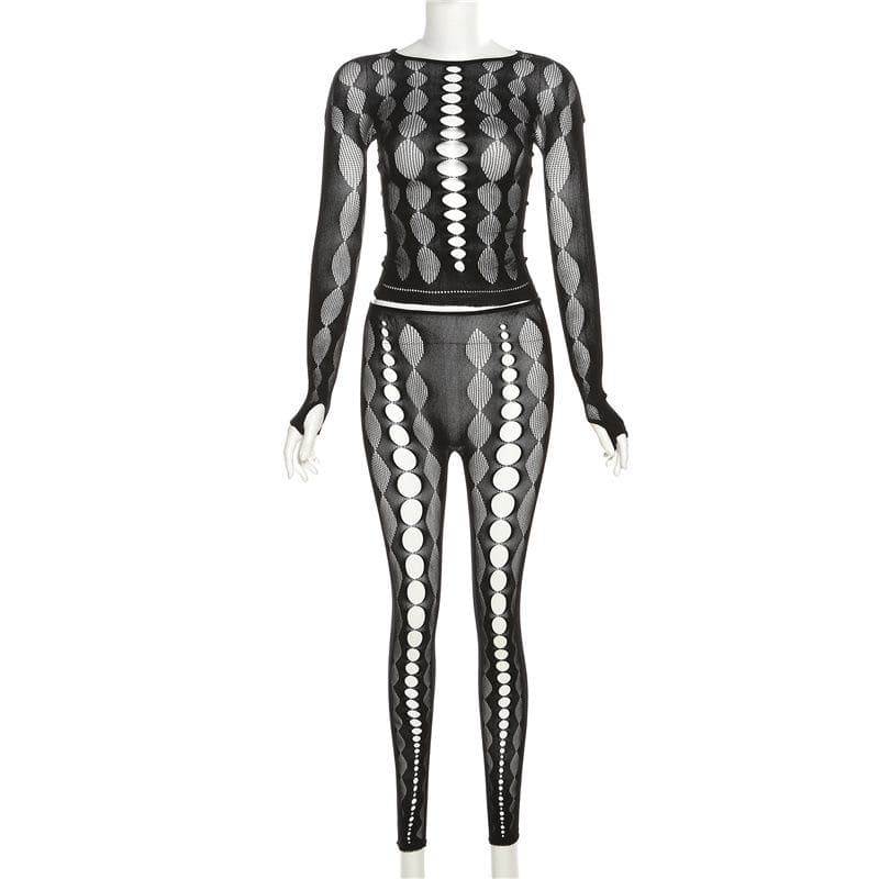 Fishnet long sleeve hollow out see through gloves solid pant set-final-sale