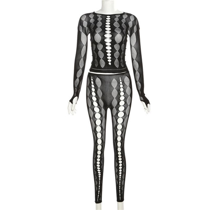 Fishnet long sleeve hollow out see through gloves solid pant set-final-sale