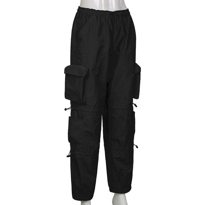 Drawstring solid cargo pocket low rise baggy pant Parachute pants