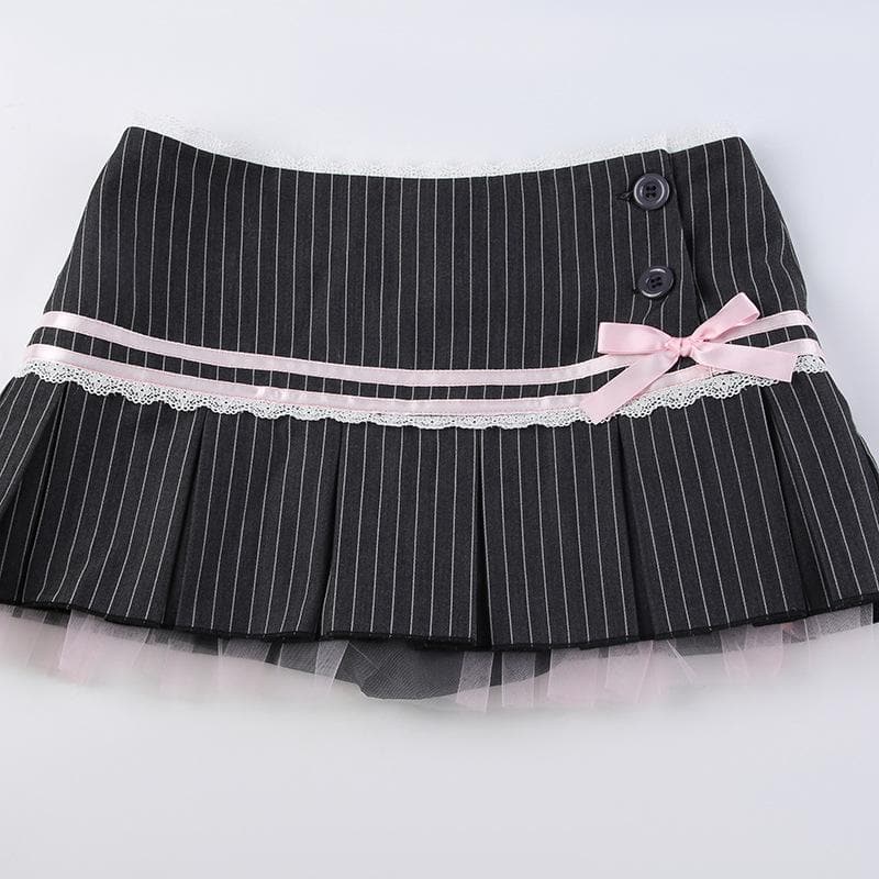 Bowknot lace hem pleated button striped print mini skirt  | Festival Outfits Women