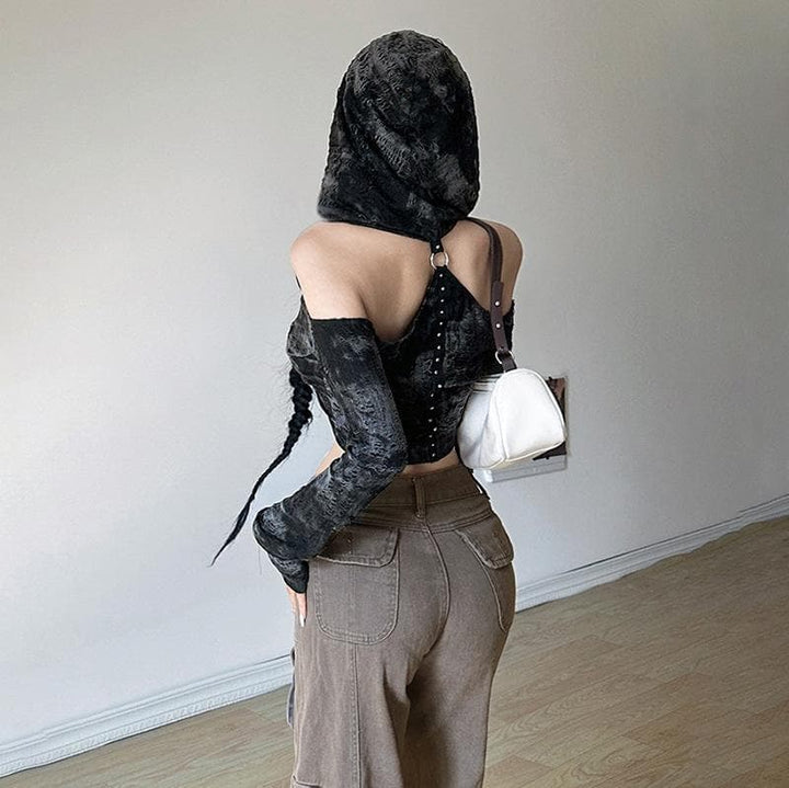 Long sleeve hoodie off shoulder buckle crop top  | Festival Outfits Women