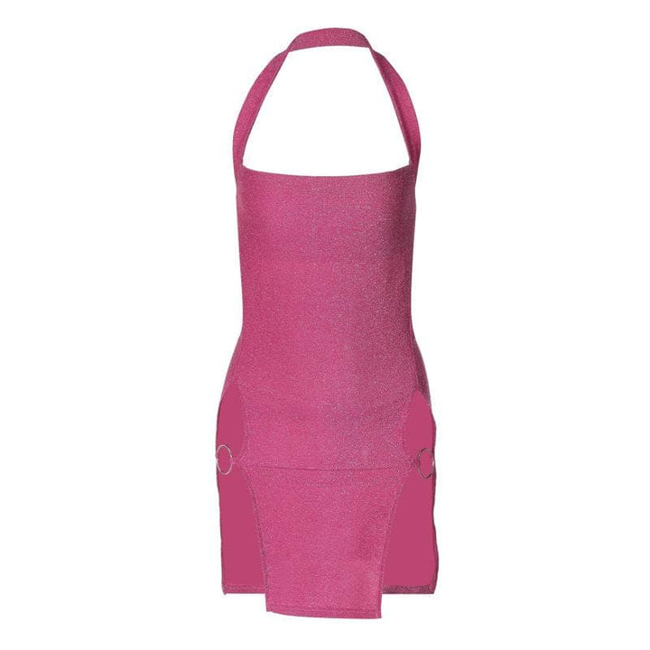 Halter o ring high slit glitter backless solid mini dress  | Festival Outfits Women