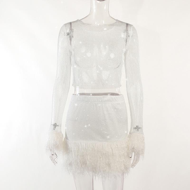 Feather long sleeve fishnet see through solid mini skirt set