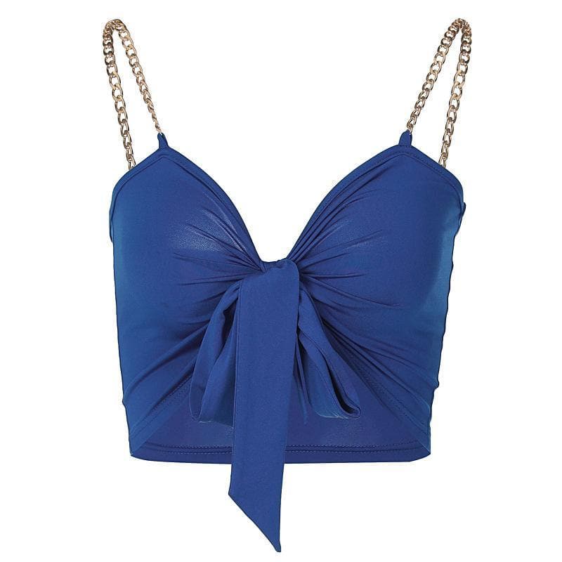 Metal chain knotted ruched solid crop top - Halibuy
